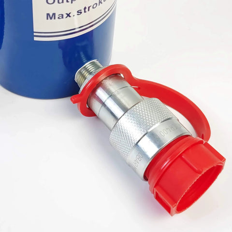Close-up of 30 Ton Hydraulic Cylinder Ram Single Acting 6 Inch Stroke with red connector, showing its durable build for lifting applications.