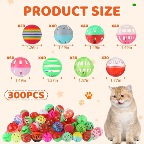 300 Pcs Cat Balls Bulk Plastic Lattice Balls Colorful Assorted Pack Kitten Ball with Bells, various sizes shown with cat