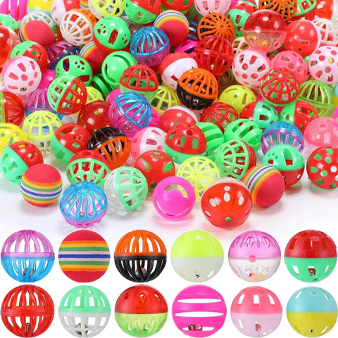 Colorful assorted 300 Pcs Cat Balls Bulk Plastic Lattice Balls with Bells for indoor cats and kittens to chase and play.