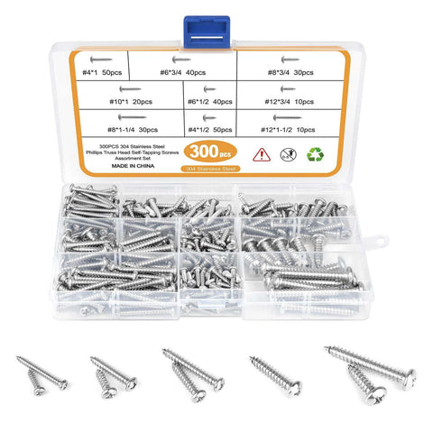 300 Pcs Stainless Steel Wood Screws Assortment Kit with 9 Sizes #4 #6 #8 #10 #12 in a clear storage box, ideal for various projects.