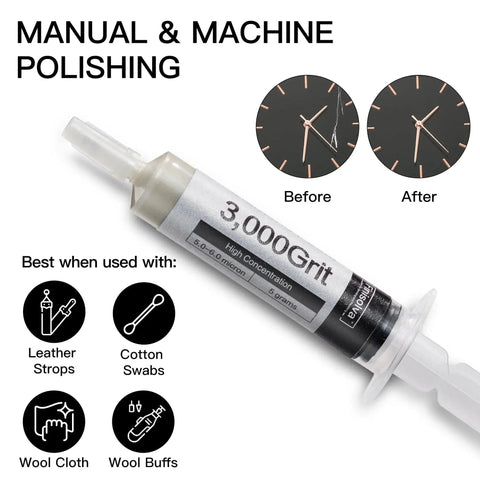 Efficient 8 pack diamond polishing paste kit delivers fast scratch removal and mirror finishes on glass, metal, stone, resin, and jewelry with 50% diamond content in eight 5g syringes, grits from 80k to 1k, oil-based for hand or machine polishing. Close-up of 3000 grit syringe.