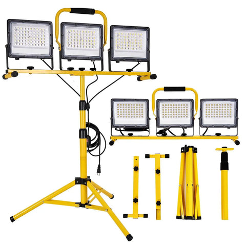 30000 Lumen LED Work Light With Stand, 3 Adjustable Head Waterproof Foldable Tripod, displayed in a yellow frame with tripod setup