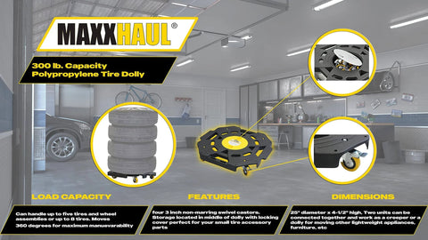 Garage setting with Maxxhaul 300 lb Capacity Tire Dolly showing tire stack, dolly features, and dimensions for smooth transport