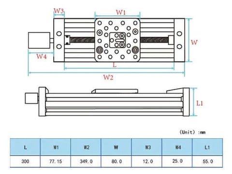 300mm 4080U Z axis screw slide table linear actuator kit technical diagram with dimensions and specifications for 3D printers and CNC routers