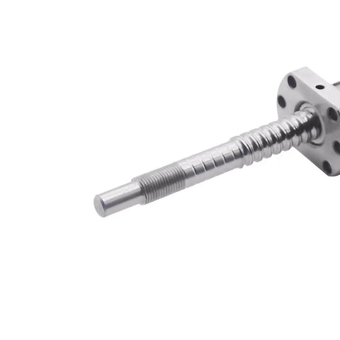 Close-up of High Precision 300mm Ball Screw System with 12mm Diameter 4mm Lead End Processing, Metal Ball Nut attached, for CNC machines.