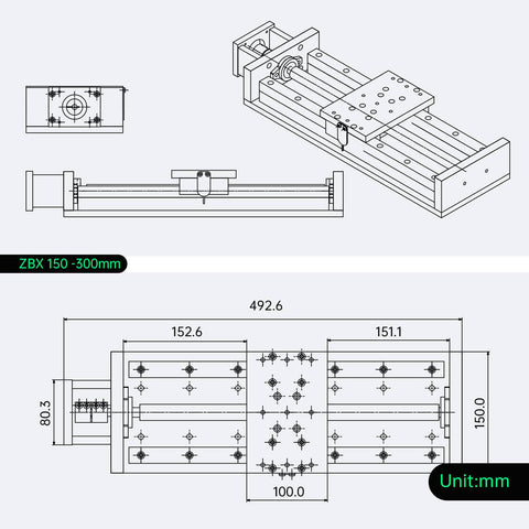 Technical diagram of 300mm/11.81" Stroke CNC Linear Stage Motion Actuator X/Y/Z Axis Cross Sliding Table Double Linear Slide Rail Guide 1605 Ballscrew with Limit Switch+Motor Mount Bracket for CNC Router.