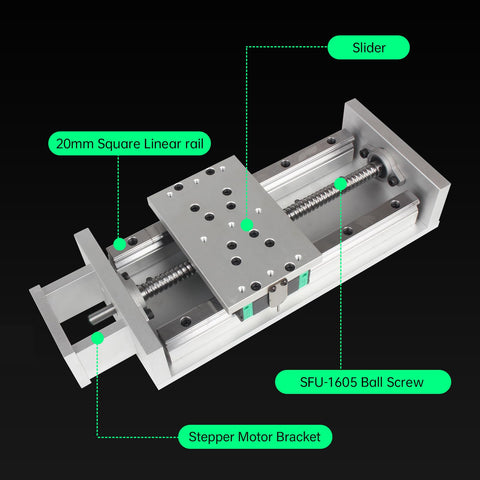 300mm/11.81" Stroke CNC Linear Stage Motion Actuator X/Y/Z Axis Cross Sliding Table Double Linear Slide Rail Guide 1605 Ballscrew with Limit Switch+Motor Mount Bracket for CNC Router; diagram labels components like slider, ball screw, and motor bracket