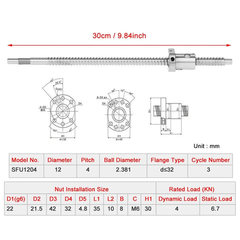 Technical diagram of a 300mm Rolled Ballscrew Ball Nut Anti-Backlash for precision CNC linear motion, showing dimensions and specifications