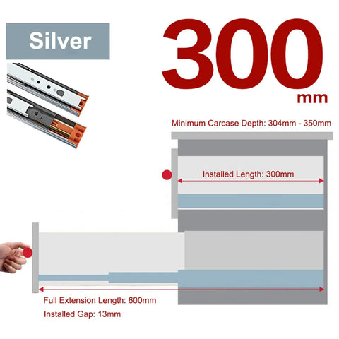 Diagram of Full Extension Ball Bearing Drawer Runners 300 Mm With Automatic Soft Closing Mechanism Side Mounted Cushioning, 35 Kg Load