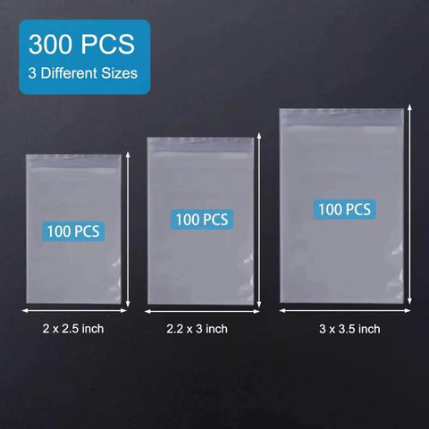 300 PCS Small Plastic Bags Set In 3 Sizes 2x2.5in, 2.2x3in, 3x3.5in Resealable Clear Poly Bags For Beads Jewelry Pills