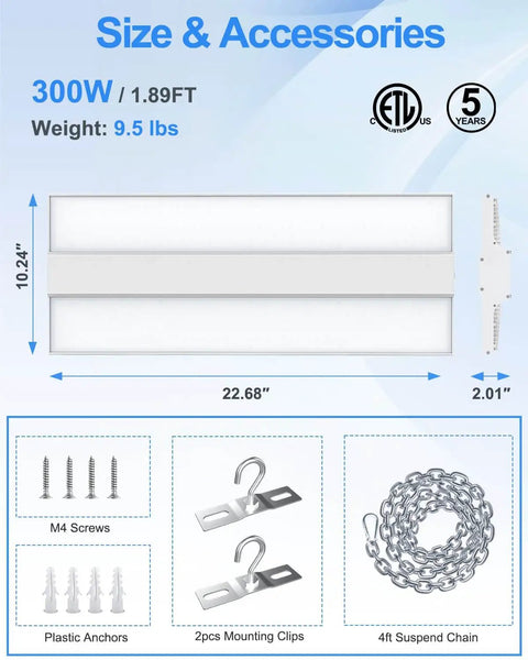 Image showing Seriously Bright 480V 300W LED Linear High Bay Light With 0 To 10V Dimming For Warehouse 45,000 Lumens 5000K Daylight, 1.89 feet length with accessories including screws, clips, and chain.
