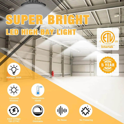 Ultra Bright 300W UFO LED High Bay Light Four Pack Workhorse With 45,000 Lumens and 150 Lumens Per Watt in warehouse