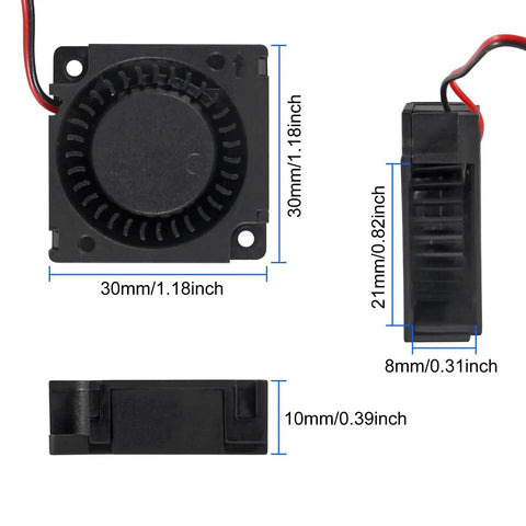 6 Pack 3010 30x30x10mm Brushless DC Cooling Fans With Sleeve Bearings, front, side, and close-up views showing dimensions.