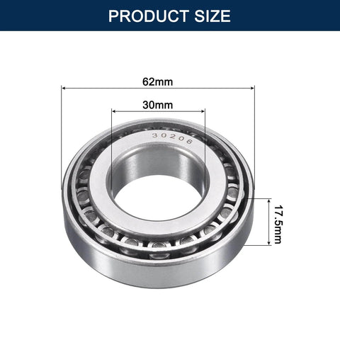 2 Pack 30206 Tapered Roller Bearing Cone and Cup Set, 30mm Bore 62mm OD 17.5mm Cup Width, Chrome Steel Wheel Bearings, ABEC-3 size diagram.