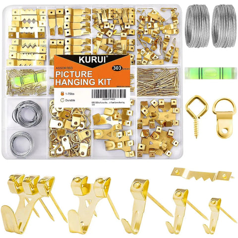 303 Piece Picture Hanging Kit With Heavy Duty Hooks Nails Sawtooth Wire D Rings And Level In A Categorized Organizer