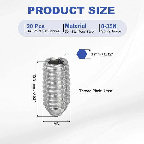 Ball Point Set Screws M6x12mm 304 Stainless Steel Hex Socket Spring Ball Point Grub Screws 20 Pcs, product size and dimensions