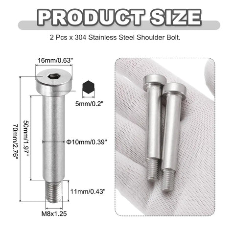Diagram showing 2 Pack 304 Stainless Steel Shoulder Bolts With Hex Socket For Heavy Duty Machines, 10mm shoulder, 50mm length, M8 X 1.25 thread