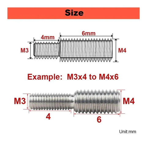 Diagram and photo of 304 Stainless Steel Double Head Male to Male Thread Adapter M3 to M20 with measurements.