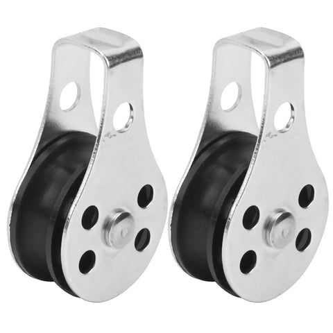 Front view: pair of stainless steel bearing wheel pulleys, 25mm, marine grade 304 rustproof.