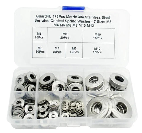304 Stainless Steel Belleville Spring Washers Kit With Serrated Conical And Knurled Designs, Assortment of 7 Sizes in Case