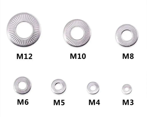 304 Stainless Steel Belleville Spring Washers Kit With Serrated Conical And Knurled Designs, Assortment of Seven Sizes M3-M12 displayed