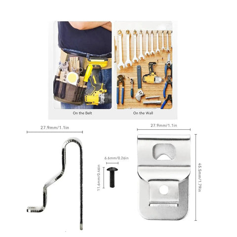 Durable 304 stainless steel belt clips for 20V MAX drills and drivers, 4-pack with screws, shown on belt and wall for secure carry