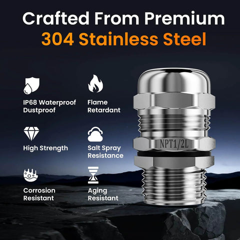 Two Pack One Half Inch NPT 304 Stainless Steel Cable Gland Waterproof IP68 Metal Strain Relief Cord Grip Long Thread Pass Through Wire Connector Built Tough For Rough Environments Jobsite Ready