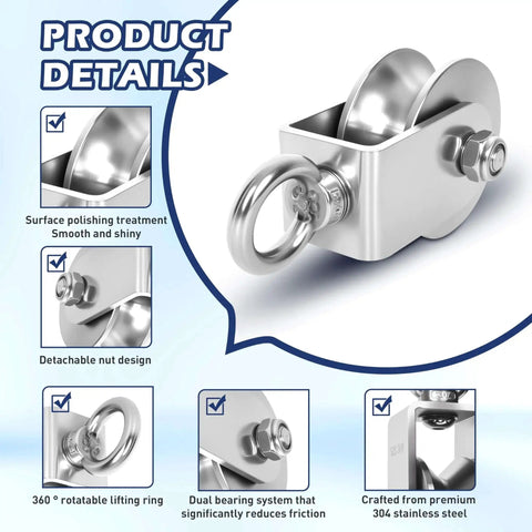 304 Stainless Steel Cable Pulley Wheel with Swivel Ball Bearings, U Groove 48mm, polished finish, detachable nut design