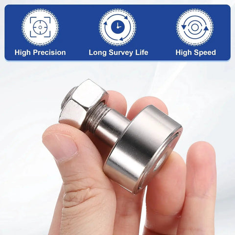 Person holding Cam Follower Track Runner Bearing CF12 KR30 304 Stainless Steel Needle Roller Stud Type M12 Hex Socket in hand