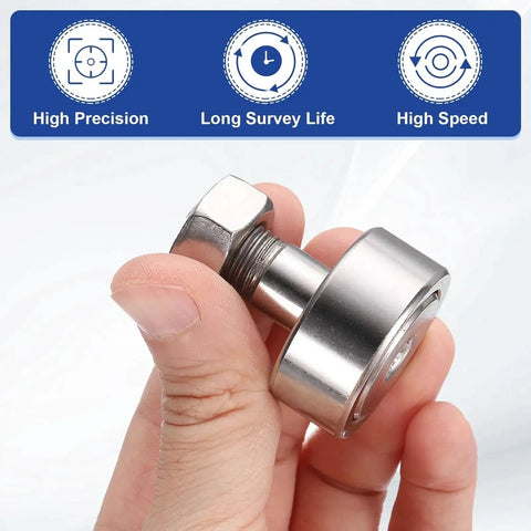 Hand holding Cam Follower Track Runner Bearing For Linear Motion 304 Stainless Steel Needle Roller Stud Type with M12 stud