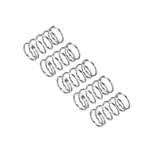 Five 304 Stainless Steel Compression Springs, 5Pcs Pack, 5mm Outer Diameter, 0.6mm Wire, 10mm Free Length, Silver Tone