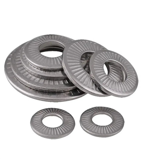 Stack of 304 Stainless Steel Conical Disc Spring Cup Washers Three Eighths Inch ValuePack, showing different edge sizes.