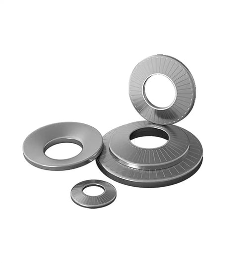 Conical Disc Spring Cup Washers 304 Stainless Steel 3/8 Inch Pack of 10, arranged and visible in various sizes.