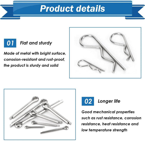 304 Stainless Steel Cotter Pin Assortment Kit 13 Sizes Cotter Pins And R Clips detail view with product features text