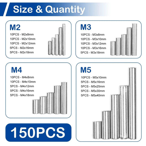 304 Stainless Steel Dowel Pins Set 150Pcs Assortment Kit With 20 Sizes From M2 To M5 Size and Quantity Chart