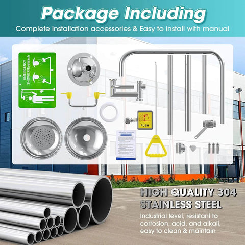 Industrial And Commercial 304 Stainless Steel Combination Emergency Eye Wash And Full Body Shower Station With NPT Thread And Emergency Sign, ANSI Z3581 2014 Compliant Two In One Safety Eyewash System For Hazardous Materials And OSHA Worksites, installation package contents.