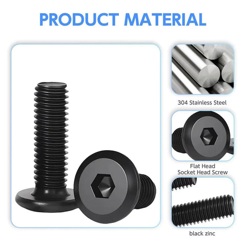 Set of flat head socket screws in 304 stainless steel, black zinc finish from Pro Grade 1/4-20 Wood Threaded Insert Kit.