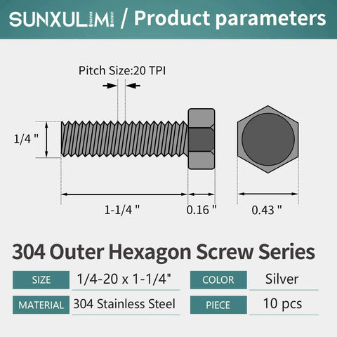 1/4-20 x 1-1/4 Inch Hex Bolts detailed diagram in stainless steel 304 showing measurements and design