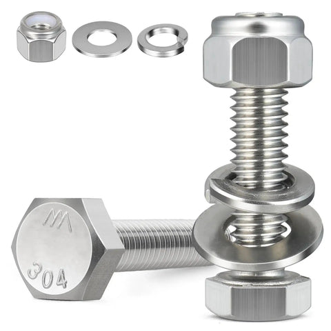 3/8-16 X 2 Inch Hex Bolts Kit With Lock Nuts Flat Washers And Lock Washers In 304 Stainless Steel 18-8 displayed.