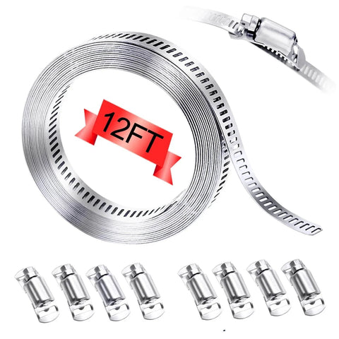 304 Stainless Steel Hose Clamp Assortment Kit With 12 Ft Metal Strap And 8 Stronger Fasteners Adjustable Large Worm Gear Screw Clamps