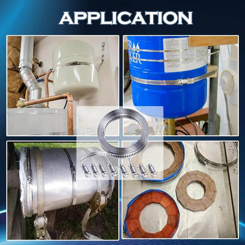 Collage showing 304 Stainless Steel Hose Clamp Assortment Kit With 12 Ft Metal Strap And 8 Stronger Fasteners in various applications.
