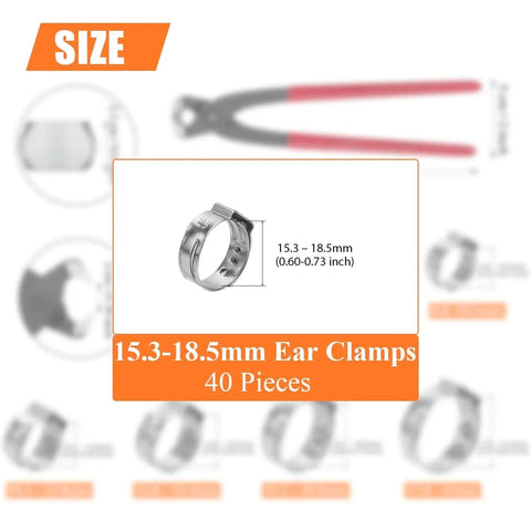 40 Pieces 15.3 To 18.5mm 304 Stainless Steel Single Ear Hose Clamps Set For Automotive Plumbing And Industrial Machinery Corrosion Resistant High Precision Durable Fixings For Hoses And Tubes