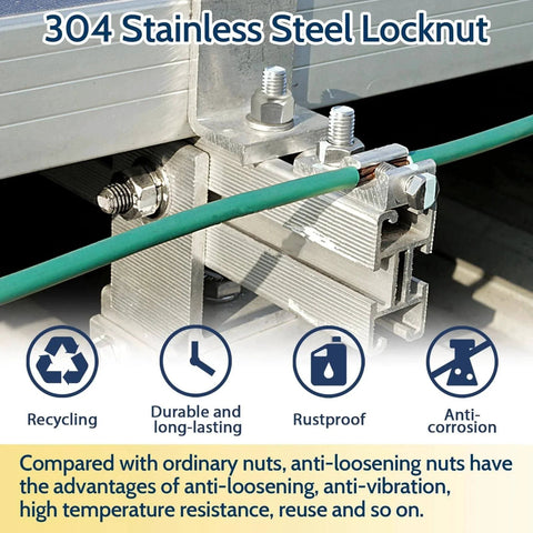 Installed 304 stainless steel locknut showcasing anti-loosening and anti-vibration features, with recycling, durability, and rustproof icons.