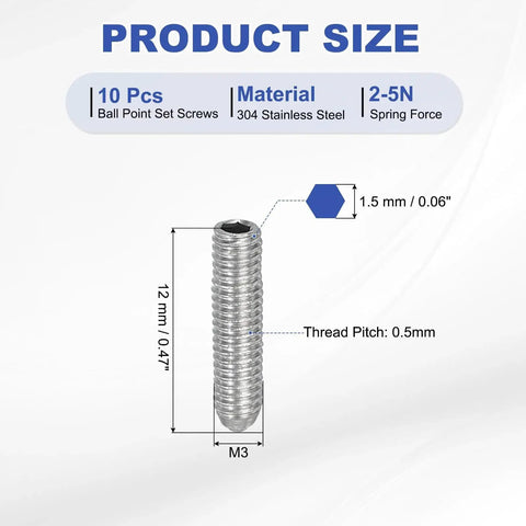 Ball Point Set Screws M3 x 12mm 304 Stainless Steel Hex Socket Spring Ball Point Grub Screws with measurements and specifications