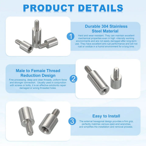 Reducing Standoff Screws M5x10mm to M6x12mm, 304 Stainless Steel, 6 Pack, for PCB and Motherboard Spacers, product details image