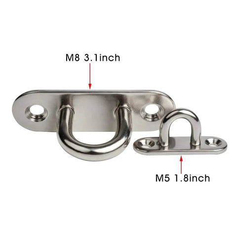 Close-up of 10-Pack 304 Stainless Steel Ceiling Hook Ring Hooks with Enclosed Eye Plate M5 Mounting Plate and size details
