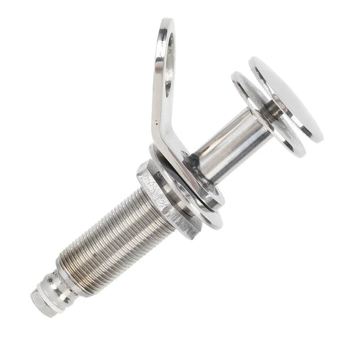 Marine-grade stainless steel boat cleat, retractable, close-up of threaded mounting bolt and washers