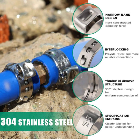 120 Piece Pex Crimp Ring And Cinch Clamp Set In 304 Stainless Steel For Pex Tubing Includes Five Sizes installed on blue pipe