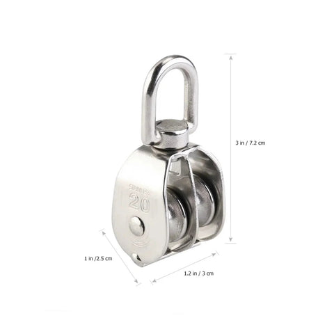 Close-up view of a 2-Pack 304 Stainless Steel Swivel Pulley 20mm Rigging Hardware Wire Rope Crane Pulley Block with dimensions