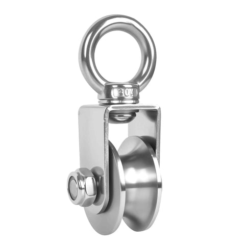 304 Stainless Steel Cable Pulley Wheel with Swivel Ball Bearings, U Groove 48mm, showing swivel mechanism and dual bearing system